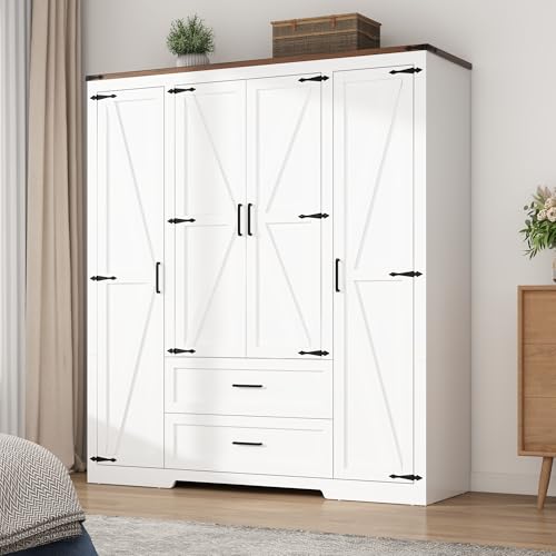 4-Doors-Wardrobe-Armoire-Closet-with-Doors-and-Drawers-Farmhouse-Wooden-Armoire-Storage-Cabinet-with-Shelves-Hanging-Rod-for-Bedroom-White 4 Doors Wardrobe Armoire Closet with Doors and Drawers Farmhouse Wooden Armoire Storage Cabinet with Shelves Hanging Rod for Bedroom White