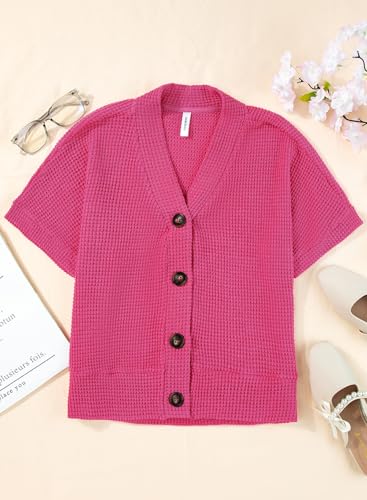 Image of Dokotoo Womens Summer Tops 2026 Waffle Knit Button Down Shirts | Trendy,V Neck,Loose Fit,Jacket,Short Sleeve,Summer Cardigan,Cropped,Shacket,Going Out Outfits,Dressy