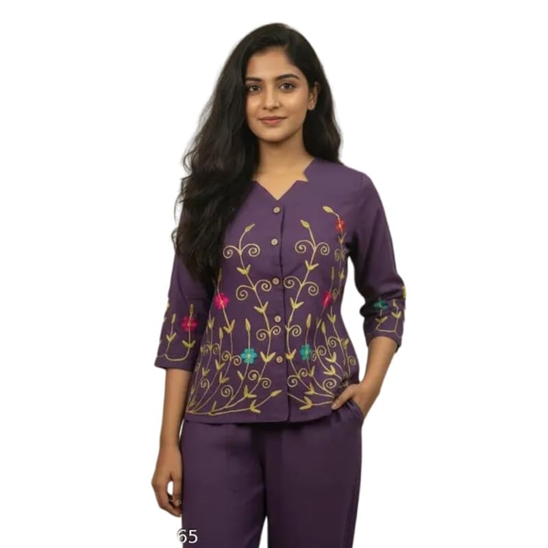 Purple Embroidered 3/4th Sleeves Shirt Style Top and Pant Set For Women's-picture-27