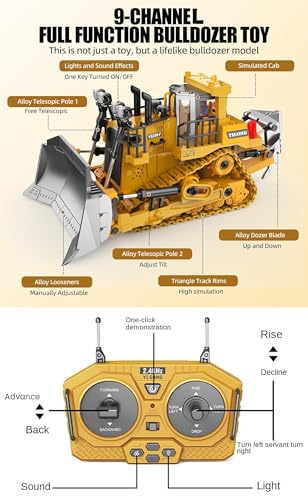 Image of Magicwand 1:18 Scale Die-Cast 9 Channel Multi-Directional Bulldozer with Working Headlights Lights & Sound for Kids【Mustard】【Pack of 1】