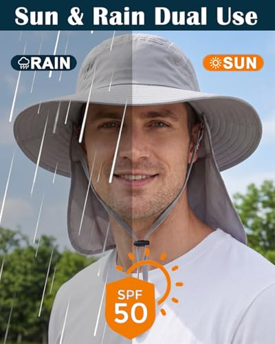 Image of Home Prefer UPF 50+ Mens Wide Brim Fishing Hat with Neck Flap Sun Hat for Men Women Sun Protection Cap