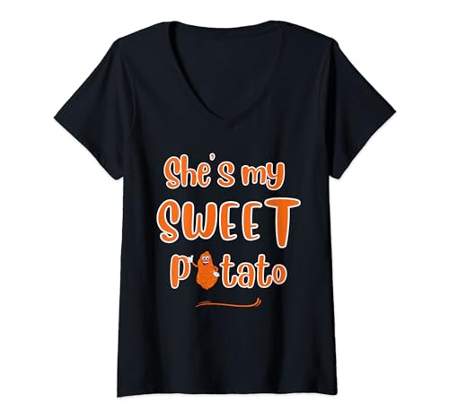 Womens SHE'S MY SWEET POTATO YES I YAM FUNNY THANKSGIVING MATCHING V-Neck T-Shirt