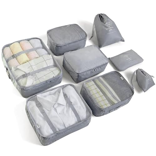 LANSKLBD 8 Set Packing Cubes for Suitcases Travel Luggage Packing Organizers,Travel Essentials Luggage Organizer for Travel Accessories Shoe Bag Tioletry Bag Laundry Bagï¼ˆGreyï¼‰