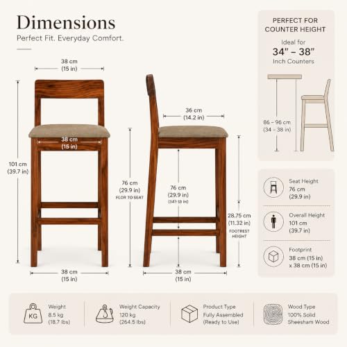 Image of Solid Sheesham Wood Bar Chair | Wooden Bar Stool for Kitchen Counter, Cafe, Dining & Home Bar | High Chair with Cushioned Seat | Brown Finish
