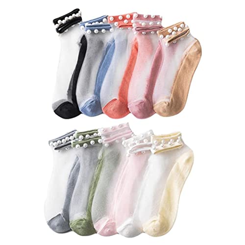 10 Pairs Crystal Tulle Pearl Summer Socks,Pearl Sheer Socks,Women Sheer Lace Elastic Ultra Thin Silk Stockings Short