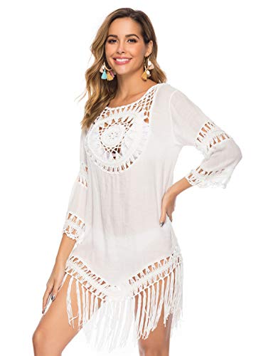 VIMPUNEC Saída de praia feminina de crochê com renda, coberturas de borla sexy, verão, biquíni, B Wh