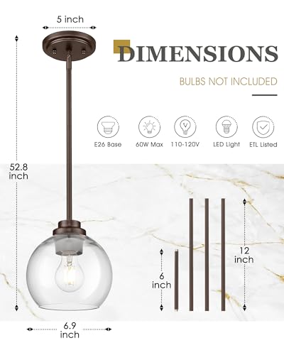 Image of 2-Pack Pendant Lights Kitchen Island, 7 inch Oil Rubbed Bronze Hanging Lights Fixtures with Clear Glass Globe Shade, Modern Kitchen Island Lighting for Bathroom, AD-22280-1P2-ORB
