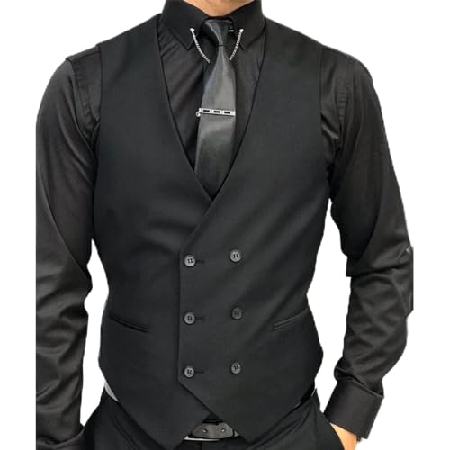 Men Black Double Breasted Suit Vest Fashion Groom Tuxedo Waistcoat Gilet Business Casual Tank Top for Prom Party (Color : A, Size : Medium)