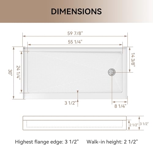 Image of HOROW 60 inch x 30 inch Shower Base, Right Drain Shower Pan, Low Profile Acrylic Base with Reinforced Fiberglass, Non-Slip Surface, Stainless Steel Drain Cover, Leak-Resistant for Bathroom