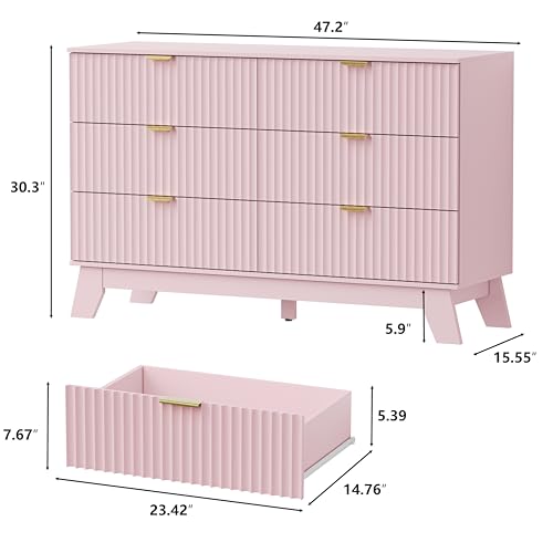 Image of 6 Drawer Dresser for Bedroom, Fluted Dressers Chest of Drawers with Gold Handle, Mid Century Modern Dresser for Closet, Wood Closet Storage Organizer Furniture for Bedroom, Living Room, Hallway, Pink