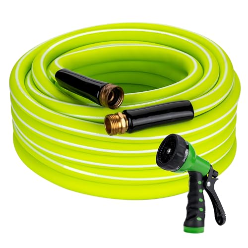 DAVCO Garden Hose 100FT x 5/8" ID with 7 Function Nozzle - Flexible Hybrid Rubber, Kink-Free & Burst Resistant, Drinking Water Safe with 3/4" GHT Solid Brass Fittings for Gardening, Car Wash and RV