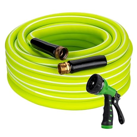 DAVCO Garden Hose 100FT x 5/8" ID with 7 Function Nozzle - Flexible Hybrid Rubber, Kink-Free & Burst Resistant, Drinking Water Safe with 3/4" GHT Solid Brass Fittings for Gardening, Car Wash and RV