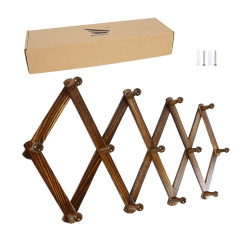 Image of AMAPON Accordion Style Expandable Wall Wooden Coat Rack 13 Hooks (Pegs) Hang Hats Jackets Coffee Mug Purses Necklaces Towels Cap Leash Scarves Data Line Kitchenware (Walnut)