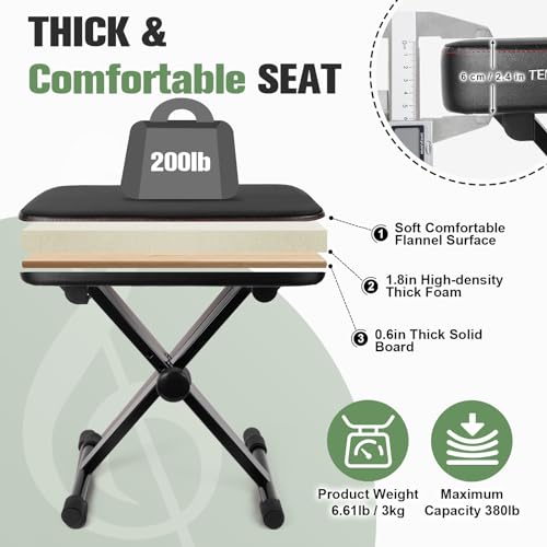 TENTOTEN Piano Bench Folding Piano Stool, Comfortable Memory Foam Piano Seat Adjustable Piano Chair with Flannel Top Padded Keyboard Bench, Non-Skid Design Keyboard Stool
