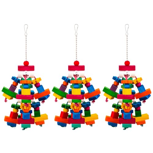 Seenelling 3 Pcs Large Parrot Toys 17.8\" Colorful Chewing Toy with Natural Wood Blocks for African Greys, Cockatoos, Parrots, Macaws, Medium Birds Cage Toy Accessories