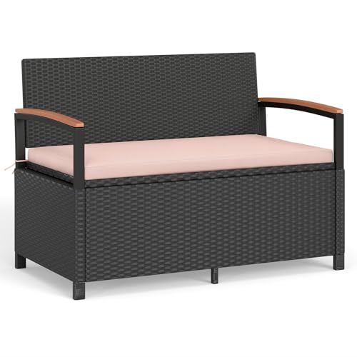 Image of Tangkula 46 Gallon PE Rattan Outdoor Bench with Storage & Cushions