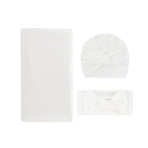 Miniatura 9 de Conjunto de 3 piezas de manta y turbante para bebé, conjunto de gorro+gorro, banda elástica para el pelo con sombrero fetal de lactancia