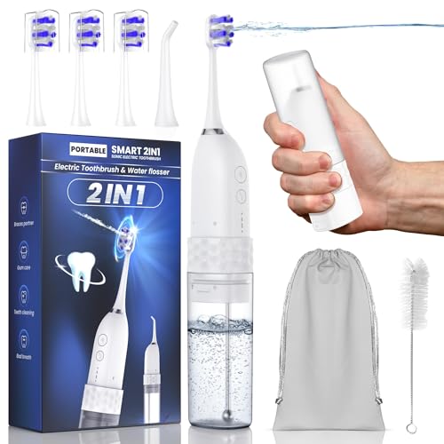 Portable Water flosser with Electric Toothbrush, 2 in 1 Teeth Cleaning Kit, Electric Toothbrush and flosser Combo, Water Flosser for Travel and Home (White)