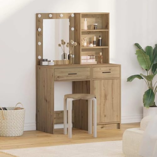 QUAHEAS Juego de tocador con iluminación LED, roble Artisan, madera, 2 piezas, con cajón y taburete, mesa cosmética con espejo, espacio de almacenamiento y estante para dormitorio y vestidor