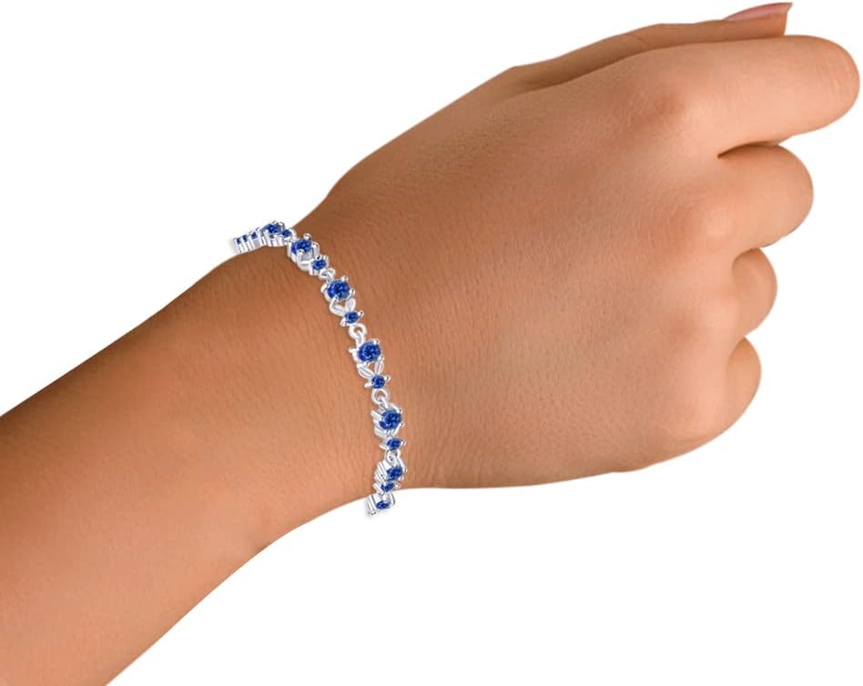 AFFY Round Cut Simulated Birthstone Leaf Shape Tennis Bracelet Gemstones Link Bracelet For Women In 14k White Gold Plated 925 Sterling Silver Jewelry Gift For Her