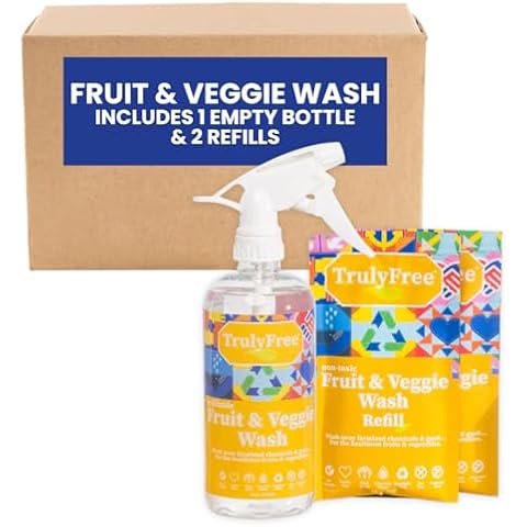 Truly Free Natural Fruit and Veggie Wash Kit - Produce Cleaner Spray (16oz Reusable Empty Bottle + Two Pouches, 3oz ea.) - DIY Vegetable Washer & Fruit Cleanser Cover