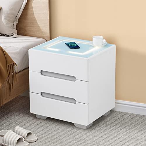 OFCASA Smart Bedside Table with Wireless Charging 3 Drawers Bedside Table with LED Lights Glass Top Nightstand for Bedroom 50 x 42 x 55cm, White