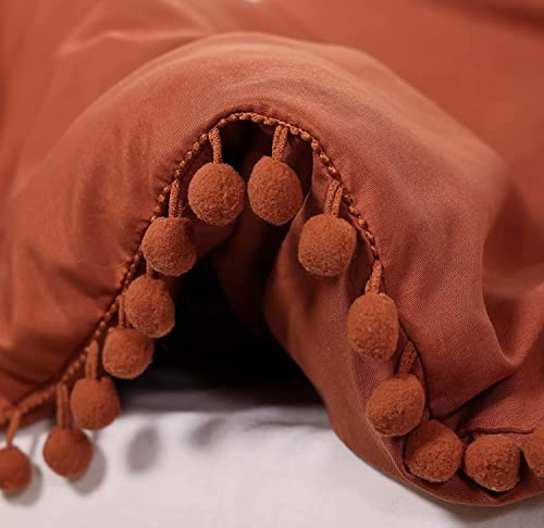 Smoofy Pom Fringe Comforter Set Full Size Burnt Orange Boho Chic Cute Ball Pom Bedding Set Cali Soft Warm Vintage Lightweight Solid Comforter 3 Pieces (1 Pom Comforter, 2 Pillowcases) #TOP5