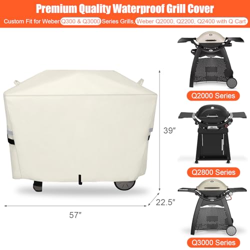 Image of 7112 Grill Cover for Weber Q2000 /Q300 /Q3000 /Q3200 Series Gas Grills | 600D Heavy Duty Waterproof BBQ Grill Cover for Weber Q2000,Q2200,Q2400,Q2000N+,Q300,Q320,Q3000,Q3200 Gas Grills,Beige