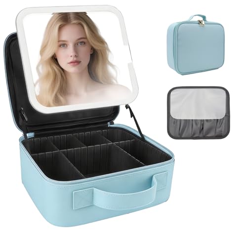 SLUMAZI Travel Makeup Bag with LED Mirror Travel Makeup Organizer with 3 Lighted Settings, Adjustable Dividers and Makeup Brush Storage Bag Light Blue