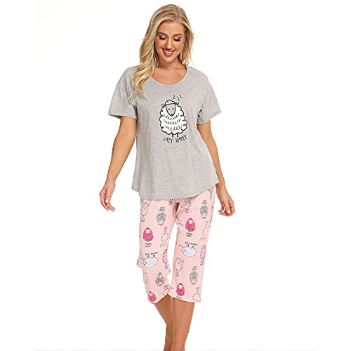 Misscoo Ensemble de Pyjama Femme Coton Manche Courte Vêtements de Nuit Fille Sleepwear Idéal pour Printemps et été Hiver -L-Gris Cover