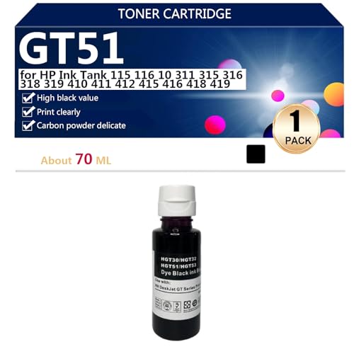 GT51 Botella de Tinta de Repuesto para HP Ink Tank 115 116 10 311 315 316 318 319 410 411 412 415 416 418 419 Impresoras, 70 ML,Black-1 Pack