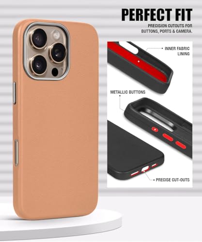 Image of WOW IMAGINE Back Cover for iPhone 16 Pro | Shockproof Tough Leather Texture Hard Mobile Case | Ultra Slim Non-Slip Grip | Inner Velvet Fabric | Metal Camera Ring - Tan Brown