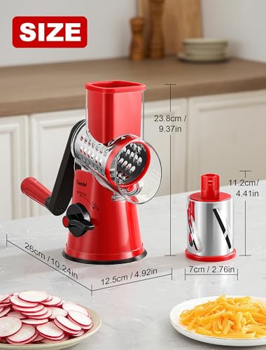 Image of Geedel Rotary Cheese Grater Vegetable Shredder With 6 Interchangeable Blades No Slip Suction Base, Mandoline Slicer & Food Chopper for Cheese, Ice, Nuts, Vegetables, Veggie