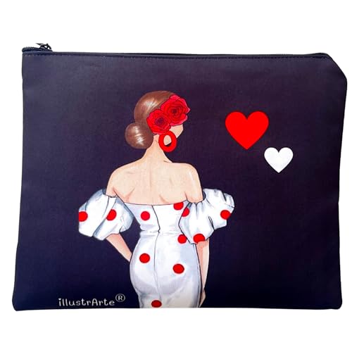 Neceser Granada Flamenca “Maite” – Diseño a Doble Cara – Fondo Negro – 22x17 cm – Impermeable – Bolso de Aseo Mujer o Viaje