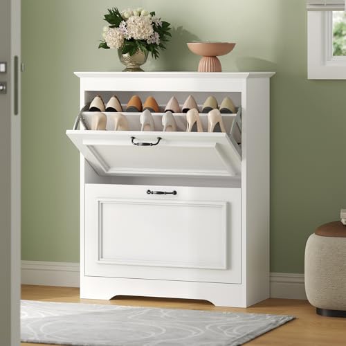 Brinlawb Shoe Storage Cabinet with 2 Flip Drawers, Shoe Cabinet with Metal Flip Stand, Blister Door Design, Freestanding Shoes Organizer Cabinet for Entryway, Foyer, Hallway, White