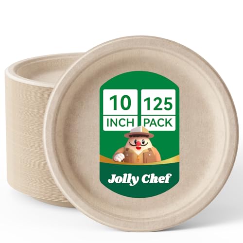 JOLLY CHEF Compostable Heavy Duty Plates   [ ] Eco-Friendly Disposable Paper Plates Natural Bagasse Biodegradable Sugarcane Bulk for Party Hot Cold Dinner Christmas (Brown)