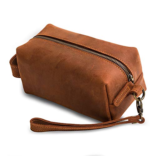 Leather Toiletry Bag for Men - Mens Dopp Kit for Traveling - Heavy Duty Full Grain Cow Hide Shaving Kits - Handmade Large Toiletries Bags for Travel - Executive Traveler's Gift by PEGAI - LEE (Mahogany) (FBA)