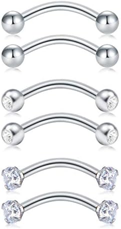 Longita 16G Stainless Steel Curved Barbell Piercing Rook Earring for Women Men Helix Daith Tragus Ear Piercing Nose Lip Eyebrow Belly Rings Septum Labret Piercing 6PCS