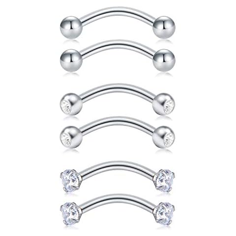 Longita 16G Stainless Steel Curved Barbell Piercing Rook Earring for Women Men Helix Daith Tragus Ear Piercing Nose Lip Eyebrow Belly Rings Septum Labret Piercing 6PCS-Silver Cover
