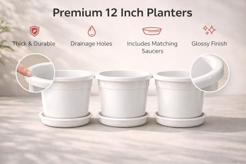 Image of 12 Inch Glossy White Plastic Planter with Bottom Plate | Heavy Duty Flower Pot with Tray for Indoor Home Decor, Balcony, Living Room & Outdoor Garden (3 Pot, White)