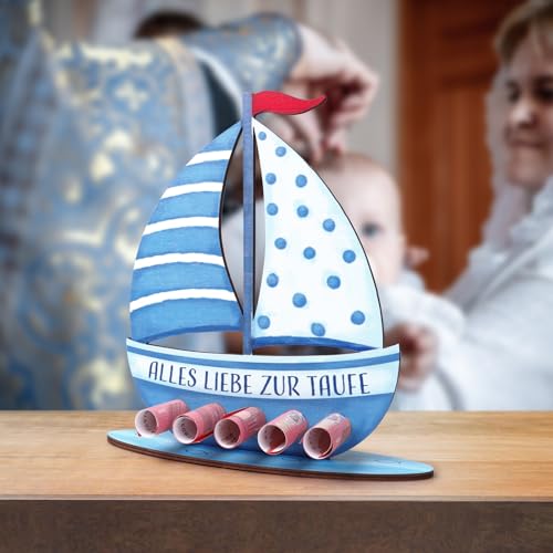 BETESSIN Taufgeschenke Jungen Blau - Alles Liebe zur Taufe - Holz Boot mit Basis - Geldgeschenk zur Taufe - Taufe Geschenk für Junge und Mädchen