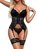 Donnalla Lingerie For Women with Garter Belt Sexy One Piece Lace Bodysuit Teddy with Panty Black