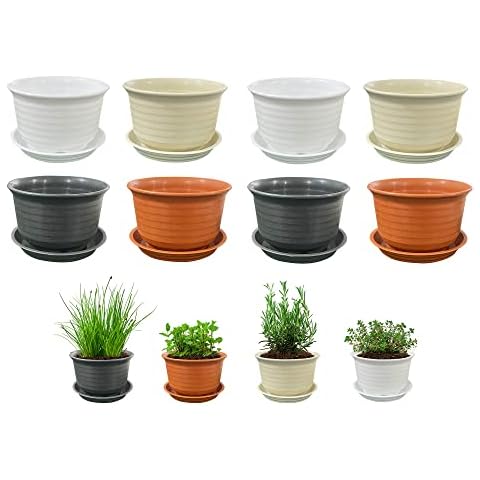 AQSXO 4 inch Planter Nursery Pots, Plastic Planters Pots for Plants Flower Transplanting with Drainage Holes and Saucers, 4 Colors 8 Pieces. Cover