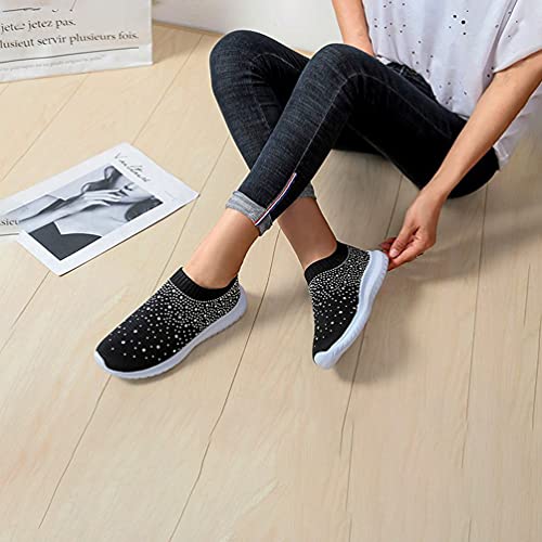 Women's Rhinestone Slip on Sneakers Breathable Mesh Sports Shoes Lightweight Casual Walking Shoes in Black2