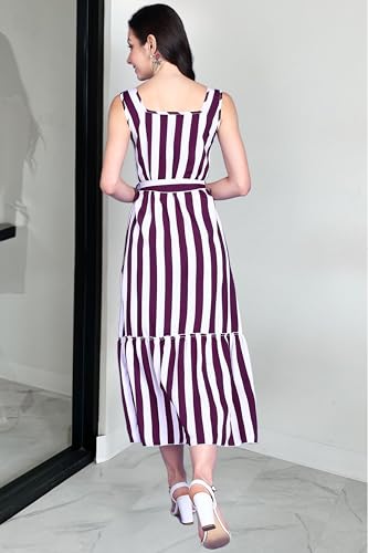 Image of POPWINGS Women Casual Blue & White Stripe Long Belt Dress Dress | Stylish Dress | Trendy Dress