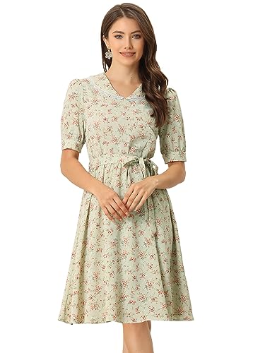 Image of Allegra K Women's Vintage Peter Pan Collar High Waist Flowy Midi Puff Sleeve Floral Dress