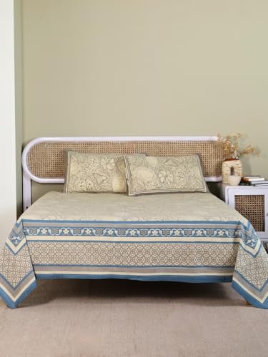Image of Peepul Tree 100% Pure Cotton Jaipuri Handprinted Double Bedsheet Queen Size - 90 X 108 Inches with 2 Pillow Cover | 210 TC Breathable Fabric | Chintz Collection | Made in India, Beige and Navy