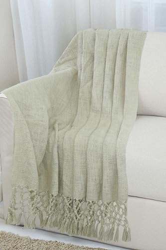 Image of HAKAM Cotton Throw Blanket with Macrame Tassels for 3 Seater Sofa | Ideal for Your Home, Living Room, Sofa, Bed, Chair, Picnic & Used for Gift - 50X70 inch (Biege, Small Single)