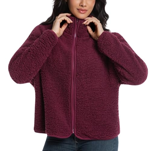 HYGLuosie Oversize Sherpa Fleece Jacket, Full-Zip Plush Teddy Coat with Stand Collar for Women, Burgundy Wine Red, Size Medium at Amazon Women’s Coats Shop