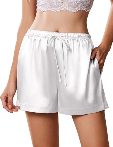 Image of Ekouaer Womens Silk Satin Pajama Short 2026 Summer Casual Sleep Shorts Lounge Sleep Pj Short with Pockets Soft Lounge Shorts